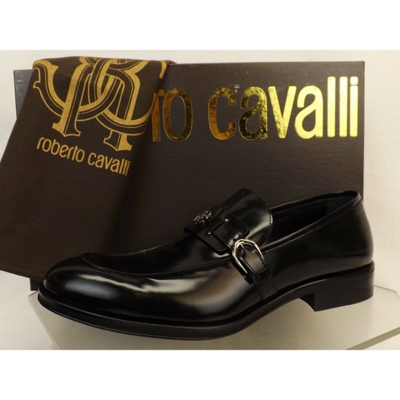 NIB ROBERTO CAVALLI BLACK LEATHER BELTED BUCKLE LOGO LOAFERS 41 US 8 ITALY main image 8